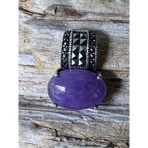 Vintage Purple Stone & Marcasite Sterling Silver 925 Pendant Oval Design